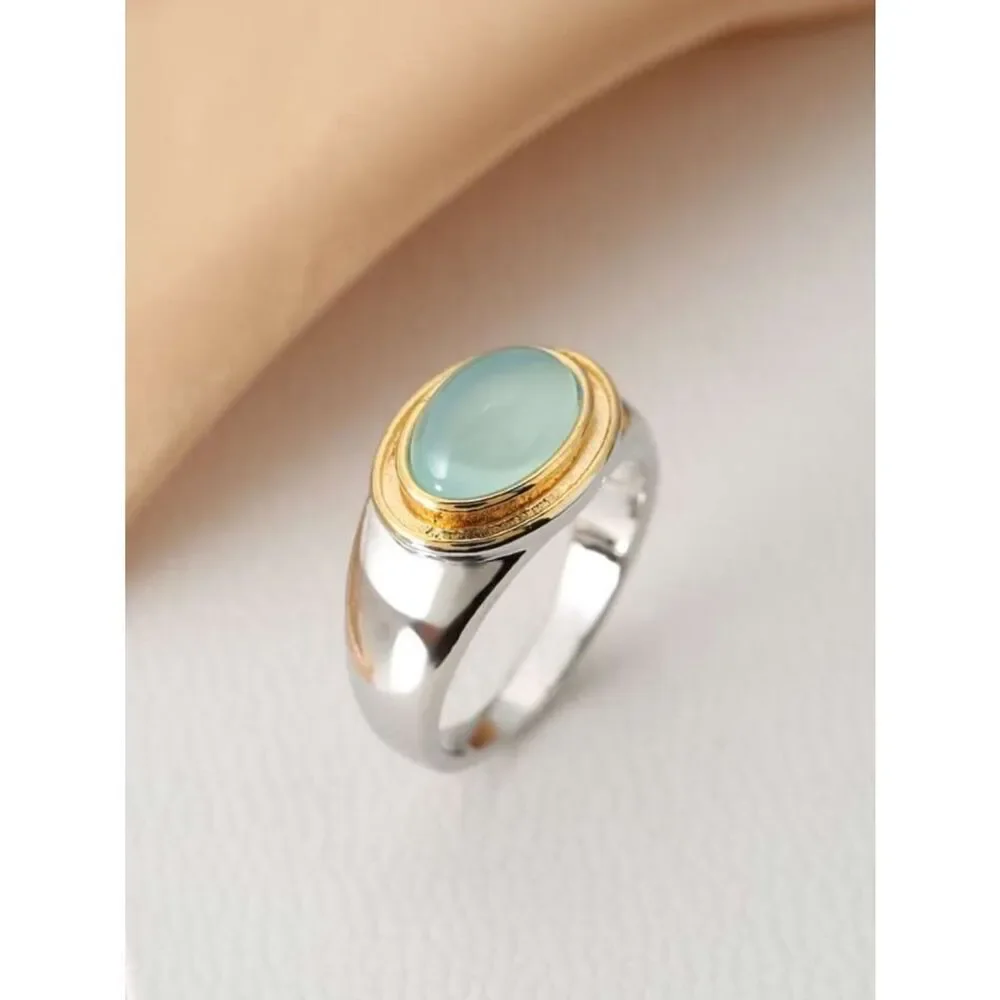 Free People Two-Tone Silver Ring with Light Aqua Cabochon R 468